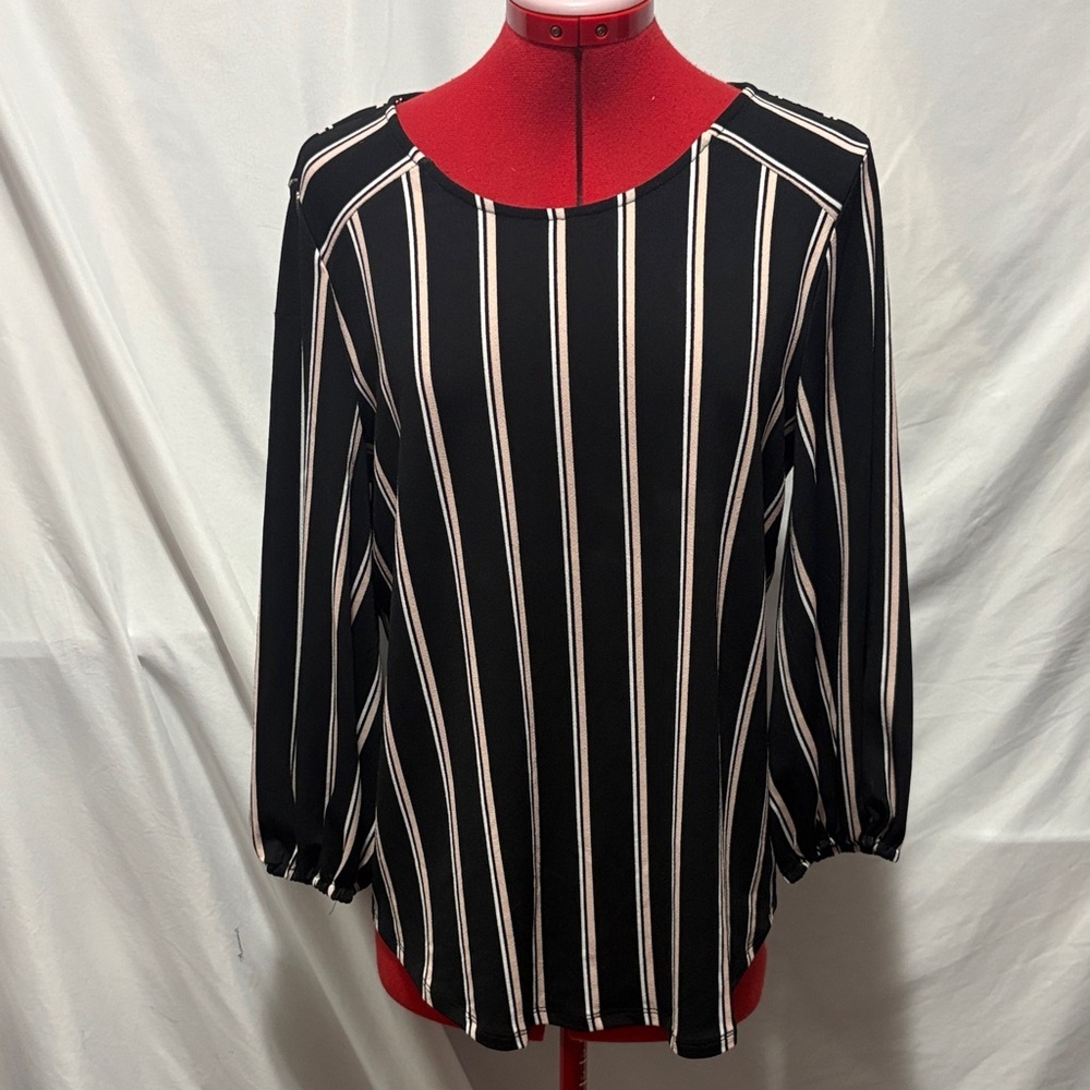 Adrianna Papell Black Cream Striped Blouse MM331